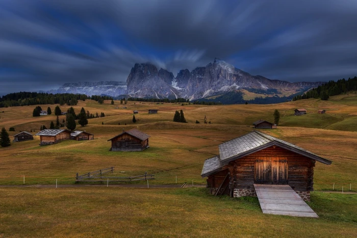 brown wooden house nature landscape cabin mountains Dolomites 2k