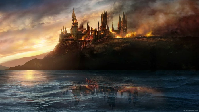 burning castle wallpaper Harry Potter Hogwarts battle at hogwarts 2k