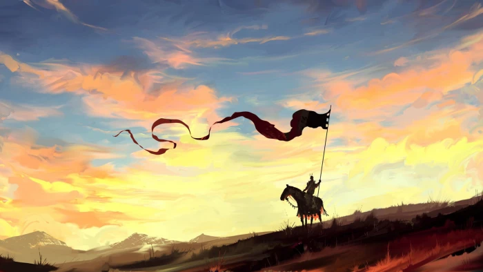 warrior riding horse with flag digital wallpaper banner soldier 2k