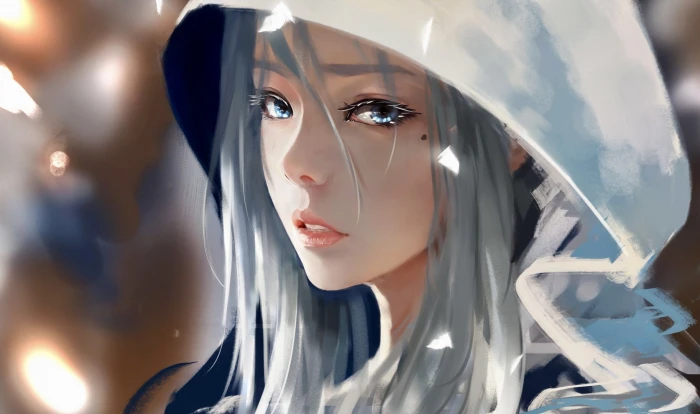 WLOP digital art drawing women face Ghost Blade grey hair 2k
