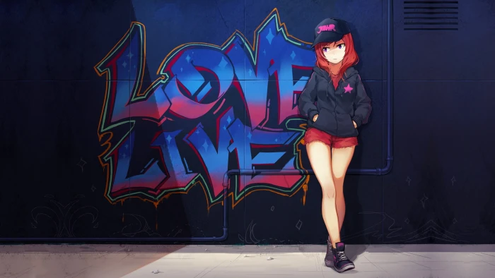woman wearing hoodie leaning on love live graffiti wallpaper 2k