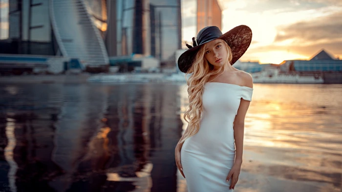 women's white off shoulder bodycon dress model Georgy Chernyadyev 2k