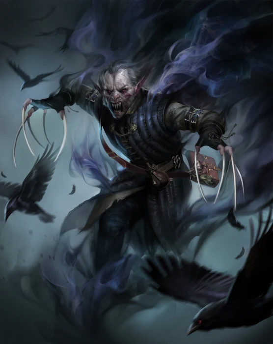 Darya Kozhemyakina crow claws fangs looking at viewer red eyes 2k