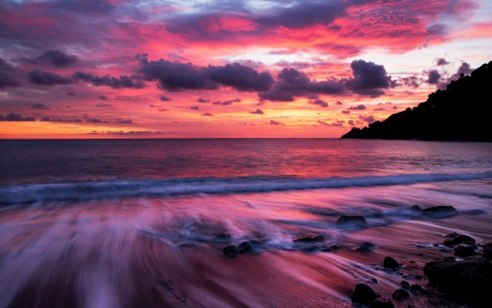 Earth Sunset Beach Horizon Pink Purple Rock Sky 2k