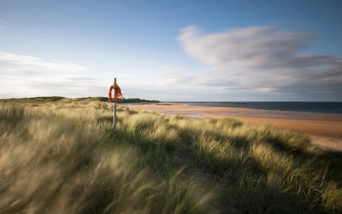 England sea coast scenery sand beach grass green field 2k