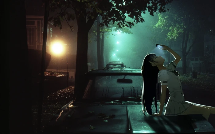 female anime character woman sitting on car during night Kantoku 2k