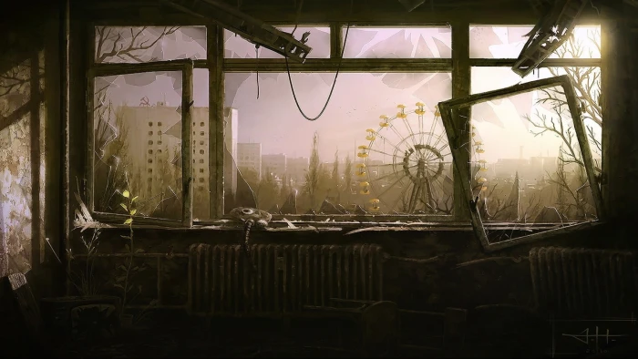 ferris wheel wallpaper artwork Chernobyl abandoned broken glass 2k