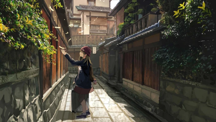 girl holding luggage raising her left hand anime digital wallpaper 2k