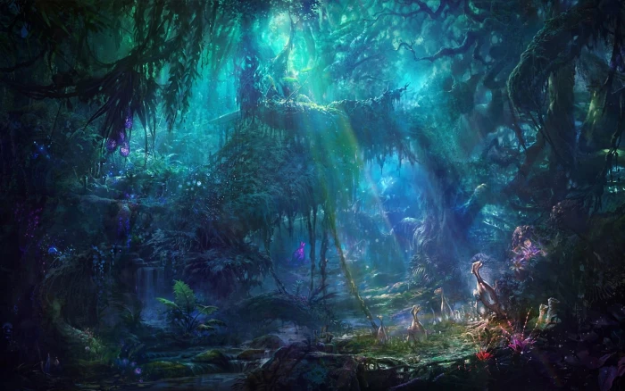 green and purple painting of trees crepuscular rays sun on forest 2k