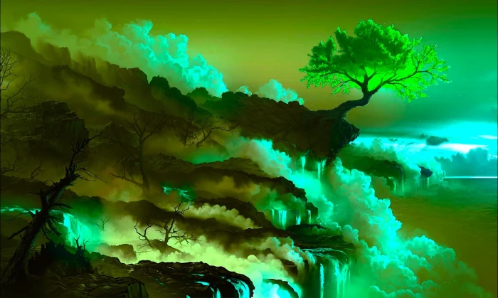 green leafed tree photo digital art nature lava cherry blossom 2k