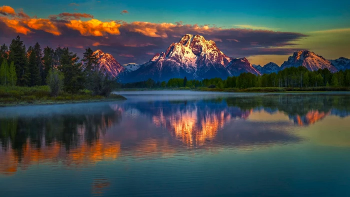 green leafed trees nature landscape mountains clouds snowy peak 2k