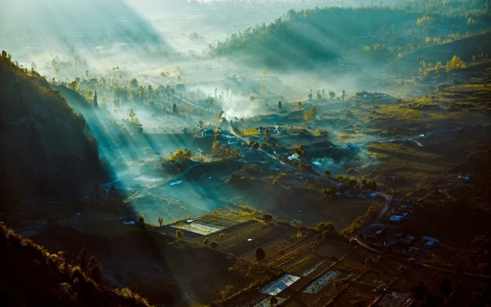 green mountains digital wallpaper areal photography of village 2k