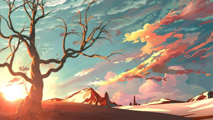 illustration of desert animations nature sky sunset tree 2k