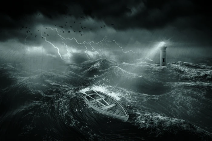 illustration of stormy seas with lighthouse and clinker boat 2k