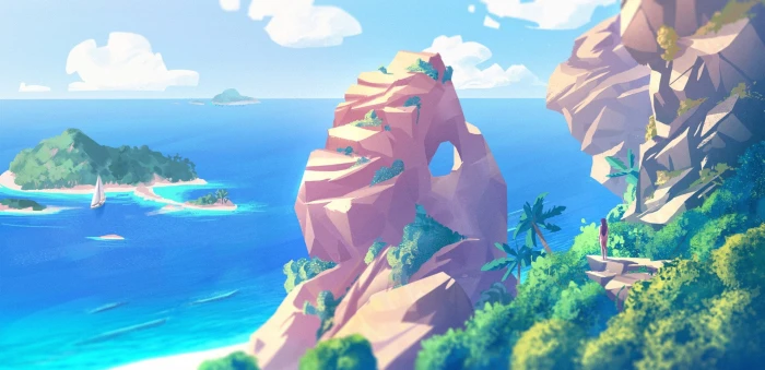 island near ocean cartoon artwork digital art beach sea palm trees 2k