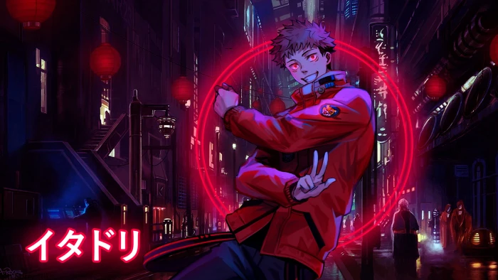 Jujutsu Kaisen Yuji Itadori red eyes glowing jackets 2k