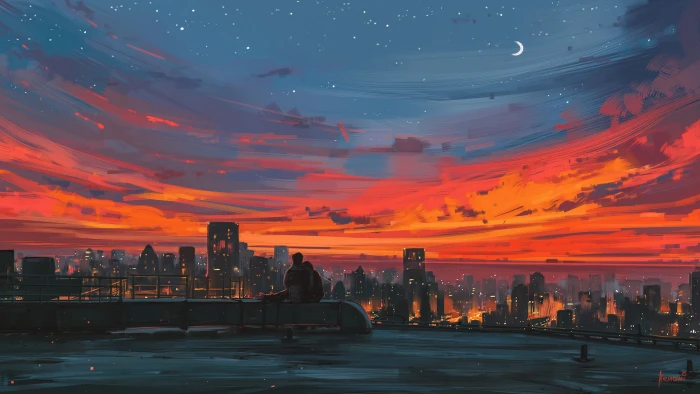 man and woman silhouette on top of building during golden hour animated wallpaper 2k