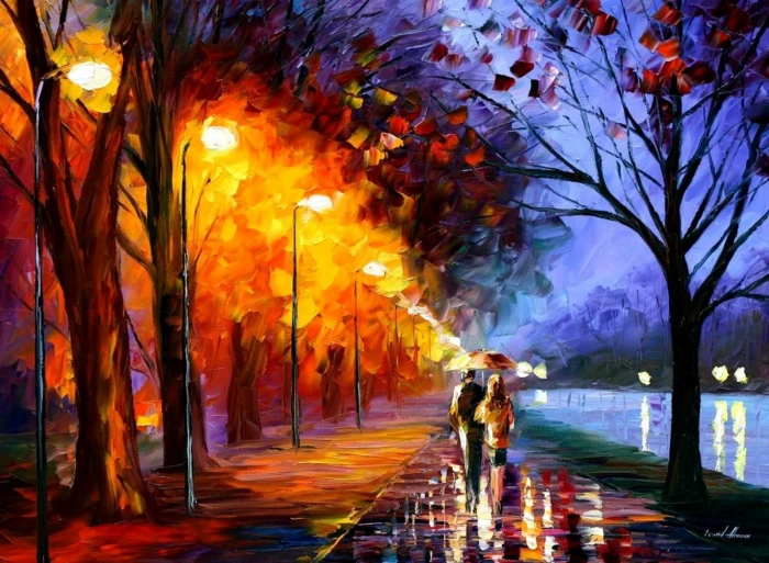 man and woman walking painting Leonid Afremov oil 2k