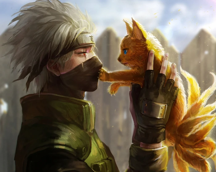 Naruto and Kakashi digital wallpaper art Fox guy bandana 2k