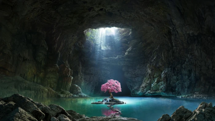 nature landscape trees water cave rock lake stones sun rays 2k