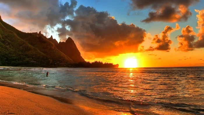 nature sun sunset seascape beach water sky ocean landscape 2k