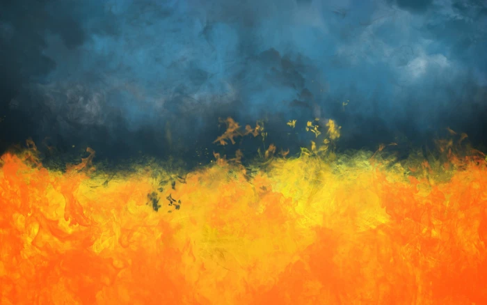 orange and blue abstract painting fire smoke Ukraine physical structure 2k