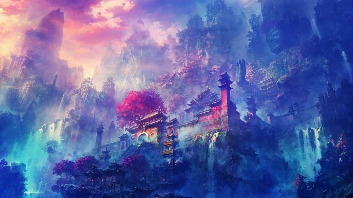 painting of mountainside temple Buddhism monastery zen shrine 2k
