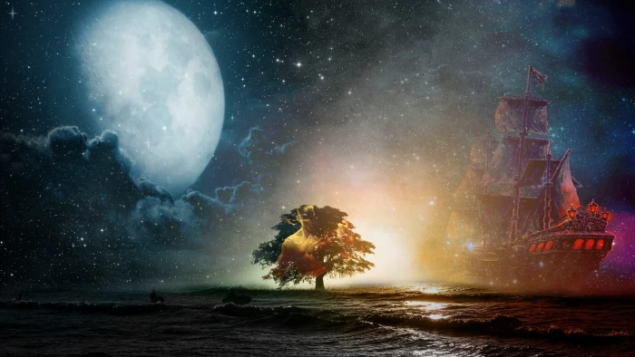 pirateship near tree with moon wallpaper landscape lee sin 2k