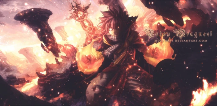 red and white flower painting Fairy Tail Dragneel Natsu illuminated 2k