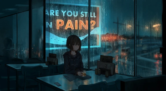 restaurant dark anime girls alone rain window 2k
