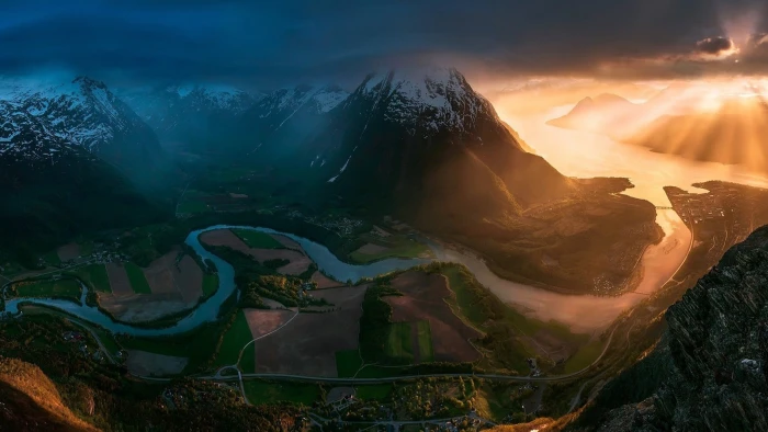 river and mountain illustration sunset Norway field road 2k