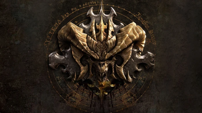 round brown and gray demonic logo evil embossed Diablo III 2k