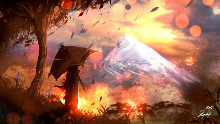 signed person holding umbrella with facing mountain painting 2k