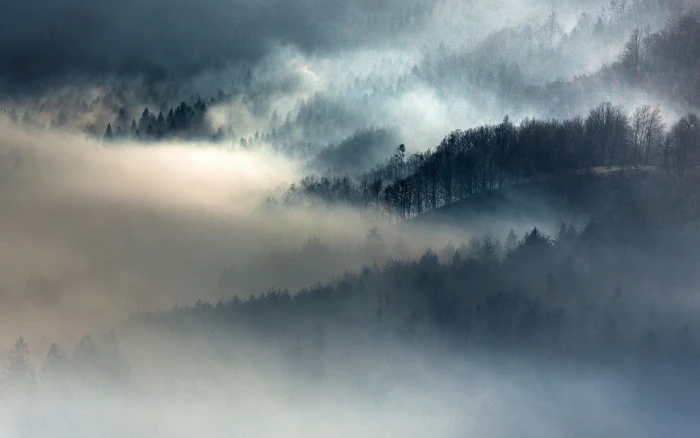 snow covered mountain with fogs nature landscape 2k