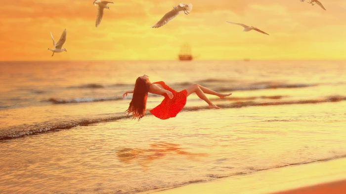 sunset beach sea girl levitation red dress seagull birds 2k