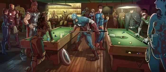 Superheroes wallpaper Captain America Superman and Thor playing billiards illustration 2k