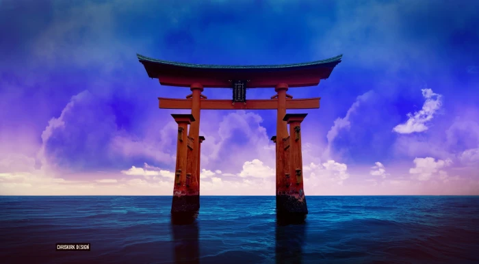 Torii brown wooden arch Aero Creative landscape asia japon 2k