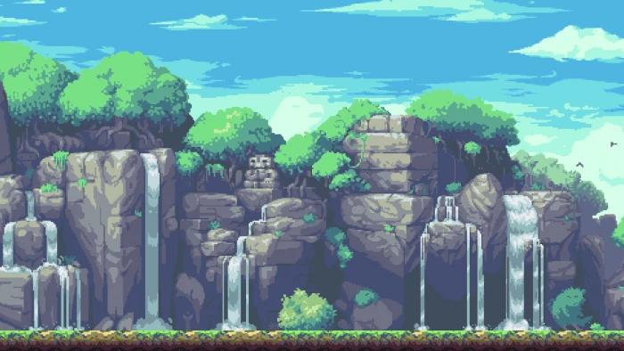 waterfalls animated wallpaper pixel art mountains trees planet centauri 2k