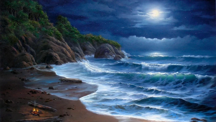 wave shore beach night moonlight sea fantasy art rock 2k