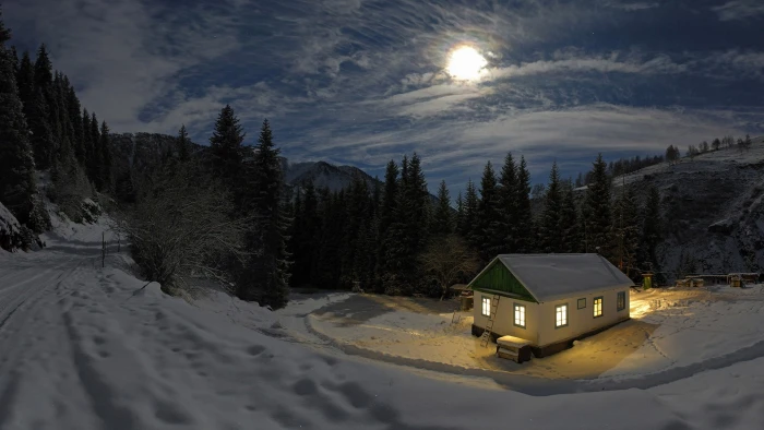 white and green house nature landscape night Moon moonlight 2k
