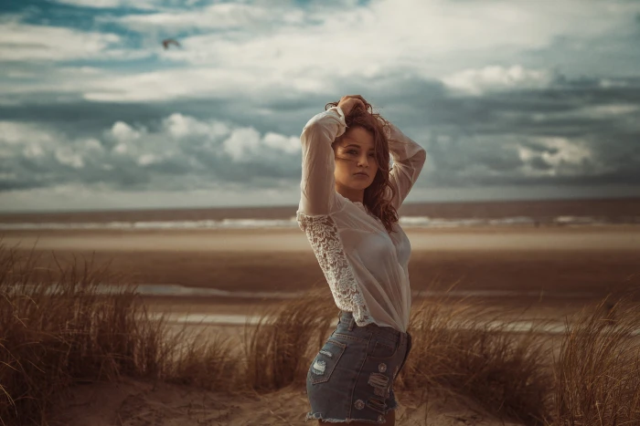 women's white long sleeved shirt brunette women outdoors beach 2k