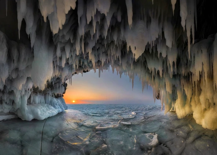 frozen underwater cave nature landscape ice stalactites lake 2k