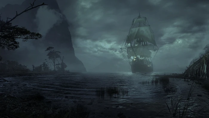 galleon ship painting sailing sea night landscape cloud sky 2k