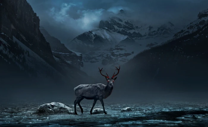 gray deer nature animals mountains red eyes digital art 2k