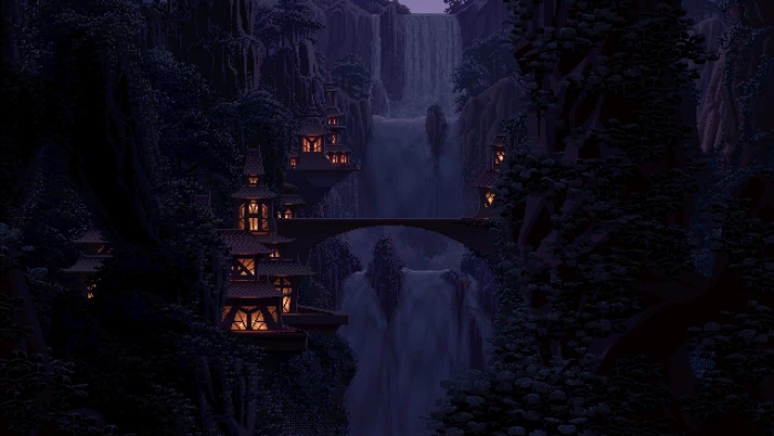 gray bridge illustration pixel art dark valley waterfall 2k