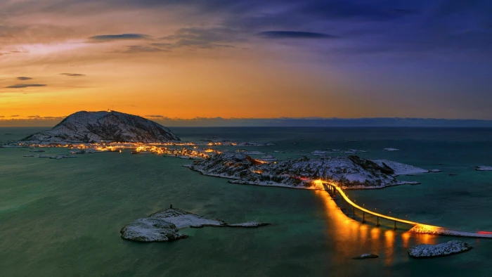 gray island digital wallpaper city bridge Troms Bridge Norway 2k