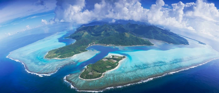 green island aerial view Bora tropical atolls clouds 2k
