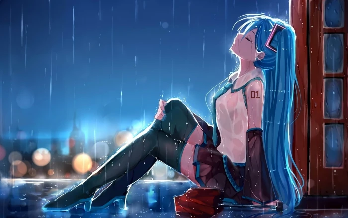 Hatsune Miku sadness anime girl in rain hatsune miku 2k