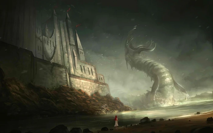 Monster Giant Redhead Girl Beach Castle Drawing Shore HD fantasy 2k