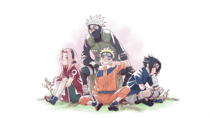 Naruto sitting beside four anime characters illustration Kakashi Hatake 2k